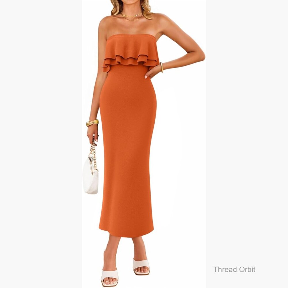 Strapless Bodycon Midi Dress Ribbed Knit Wedding Guest Cocktail Party